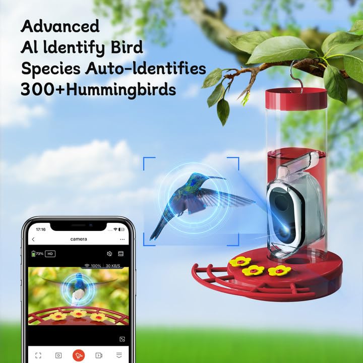 Hummingbird Feeder with Camera Solar Powered, AI Identify Cloud Storage Instant Notification, CCPA Data Protection, Outdoor Hanging, Idea Gift for Family Friends (20 Ounces)