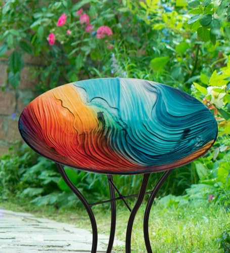 Regal Art & Gift Glass Bird Bath with Metal Stand, Outdoor Garden Decor | Swirl Multi, 18 in Bowl, 23 in Tall, Metal & Glass, Easy to Fill, Weather-Resistant Decor for Patio, Porch & Garden - color: Multi-Colored