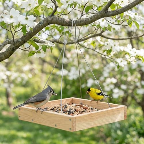 Lightweight Wooden Platform Bird Feeder with Drainage Tray | Wooden feeder keeps seeds fresh, lightweight 0.55LB tray design, attracts cardinals, woodpeckers and wild birds.