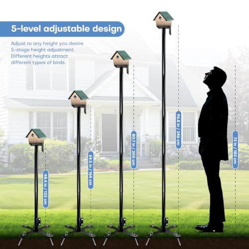 92 Inch Squirrel Proof Bird Feeder Pole with X shape Base Plate, Heavy Duty 1 Inch Dia Bird House Pole, Adjustable Multi-Hook Bird Feeding Station with Squirrel Baffle, Water Bowl & Mesh Tray