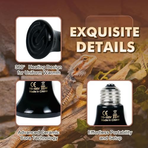 2-Pack Ceramic Heat Emitter Lamp 0.2inch(60mm)– 25W, Non-Light Emitting, 24/7 Safe Heat for Reptiles & Small Pets, E26 - color: 25 Watt, size: 60 mm