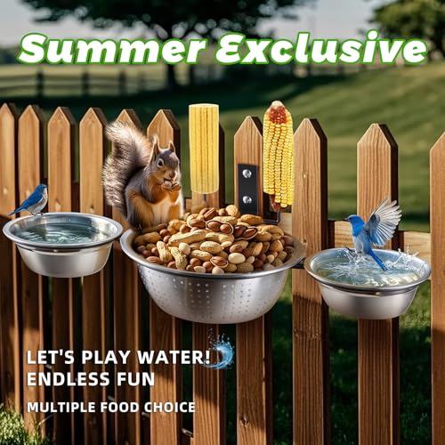 3-Hoop Squirrel/Bird Feeder, 2025 Cute Metal Bowl Outside Tree Mounted,1 x 8.5in Drainage Bowl+2 Corn Cob Spikes for Dry Food,2 x 5in Solid Bowls for Wet Food/Water, Perfect Squirrel Feeders for Yard - size: 3-Hoop - 19.5" Length