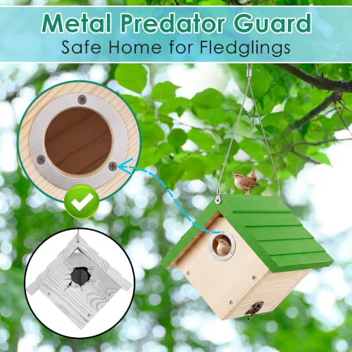 Dreyoo 2 Pack Wren House, 1-1/8'' Entrance Hole Hanging Wooden Wren Bird Houses for Outside with Metal Guard, Air Vents, Pine Wood for Chickadees (Green,Wood Color) - color: Green, Wood Color