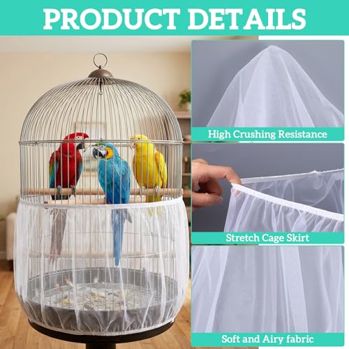 2 Pcs Bird Cage Cover Universal Bird Cage Seed Catcher, Breathable Nylon Mesh Net Cover Adjustable Soft Airy Cages Net Stretchy Skirt for Round Square Cages