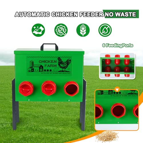 30lb Chicken Feeder- Automatic Port 6 Ports No Waste Poultry Feeder,Chicken Coop Accessories，Waterproof Metal Chicken Feeder Suitable for Poultry Feeding Outdoors and Indoors