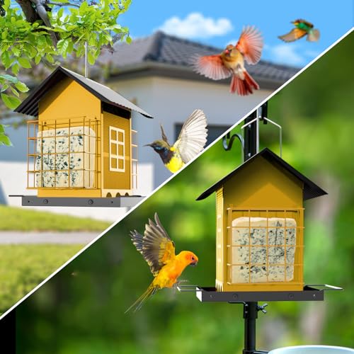 FlowaFoli Bird Feeders for Outdoors Hanging, Metal Bird Feeder with Double Suet Cage Cake, Large Capacity, Birdfeeders Sturdy & Weatherproof, Easy to Clean & Refill, Great for Attracting Wild Birds - color: Yellow