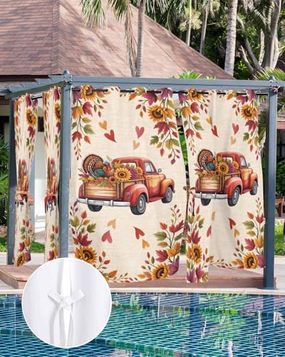 Outdoor Curtain for Patio, Fall Red Truck Waterproof Blackout Curtain for Porch/Pergola, Thanksgiving Sunflower Turkey Maple Leaf Linen Thermal Insulated Drapes for Cabana, 1 Panel, 54 x 108 Inch - size: 54"W x 108"L (Pack of 1)