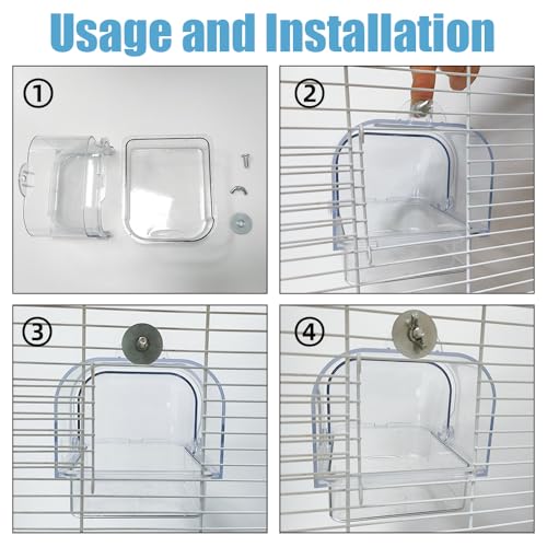 Bird Bath for Cage, Plastic Water Bowl Feeder for Pet Birds, Parrot Bathtub with Hanging Hooks for Little Bird Parrots Spacious Parakeets Portable Shower for Most Birdcage - color: clear