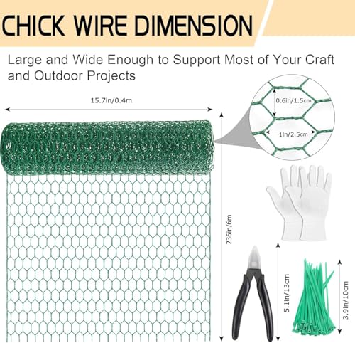 Chicken Wire 15.7in x 236in with a Pair of Gloves，1 Wire Cutter，50 Pcs Cable Zip Ties, Floral Chicken Wire Mesh 0.8in Hexagonal Galvanized PVC Coated Garden Netting Fence for Craft Poultry Garden - size: 15.7in x 236in