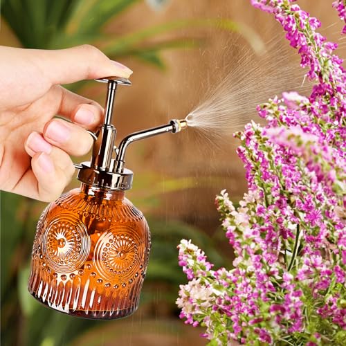 Glass Plant Mister Spray Bottle, 230ML Vintage Plant Spritzer, Succulent Watering Bottle Glass with Top Pump, Small Plants Sprayer Watering Can for Indoor Outdoor House - Brown - color: Brown
