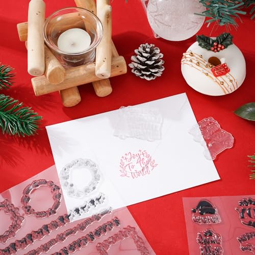 Whaline 5 Sheet Christmas Clear Stamps Wreath Snowman Gnome Silicone Transparent Stamps Greeting Words Border Stamp Cards for DIY Craft Card Making Scrapbooking Embossing Album Decor - style: Christmas