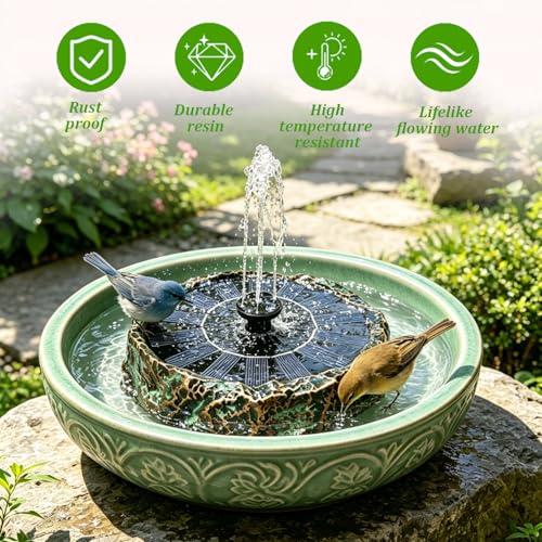 Solar Bird Bath Fountain,Premium Plastic Faux Stone Water Fountain Pump with 6 Nozzles,No Battery Water Feature for Birdbath,Garden,Patio,Small Pond Decoration 7.8" Bronze