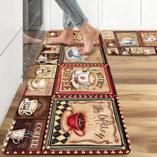 Coffee Anti Fatigue Kitchen Mats, 17.3"x47"+17.3"x29", Brown | Cushioned Non Slip Memory Foam Waterproof, Latte Cappuccino Kitchen Decor Rugs for Floor, Set of 2 for Sink Laundry Office - color: Coffee