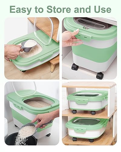 20-30 Lbs Rice Storage Container,Collapsible Food Storage Container | Flour Storage Container with Wheels Airtight Locking Lid,Cat Food Container Double Seal,Keep Fresh for Pet Food,Rice,Flour - color: Light Green/20-30LBS