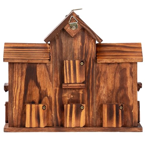MIXUMON Bird House Outdoor, 6-Room Wooden Birdhouse for Outdoors & Outside, Carbonized Pine Wood Bird Houses with 1.57” Entrance & Easy Clean-Out Doors