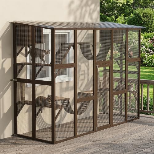 PawHut Catio Outdoor Cat Enclosure Window, 118" x 37.5" x 74", Coffee Brown | Outdoor Cat House, Weather Protection Roof, for 1-4 Kitties, Wooden Frame, Shelves & Bridges - color: Coffee Brown