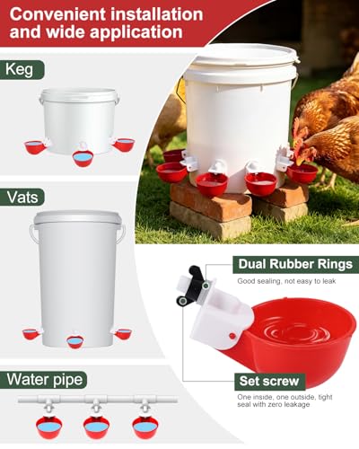 Chicken Waterer Cups (8 Pack) with 3/8" Drill Bit - Red | Automatic Poultry Drinker Feeder Kit for Chickens, Ducks, Turkeys, Quail, Bunnies | DIY Gravity Fed Bucket Water Dispenser - color: Red, size: 8 Pack + Drill bit