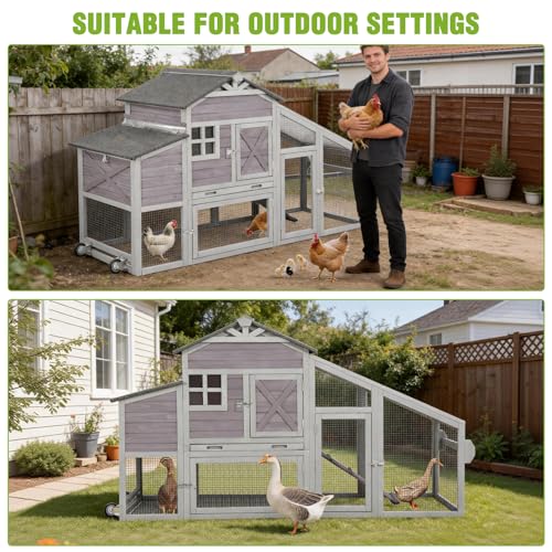 GUTINNEEN Chicken Coop with Wheels for 2-4 Chickens, Large Wooden Outdoor Hen House with Run, Waterproof & UV-Resistant Roof, Removable Leakproof Tray and Divided Nesting Box– Grey - color: (Grey-AIR32)