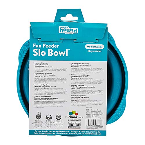 Outward Hound Fun Feeder Slo Bowl – Medium 2‑Cup Capacity,Slow Feeding,Small to Medium Dogs & Cats,Non-Slip,Turquoise,Drop Pattern,(Pack of 12) - color: Turquoise, size: Medium (Pack of 12)