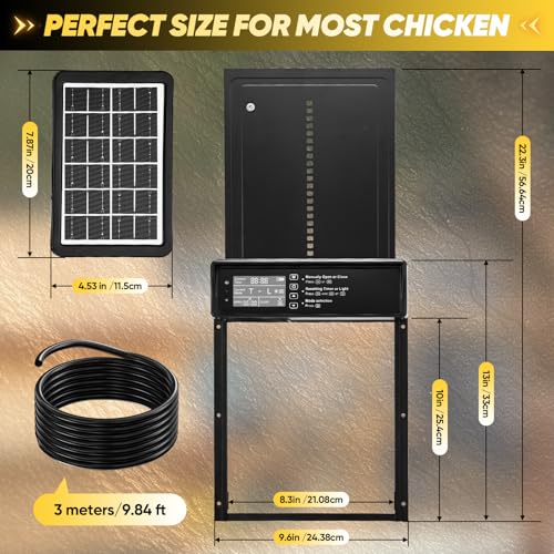Sakerplus Automatic Chicken Coop Door Solar Powered, Automatic Chicken Door with Timer, Light Sensor, 4 Modes and LCD Display, Aluminum Alloy Auto Chicken Door, Anti-Pinch & Weather Proof