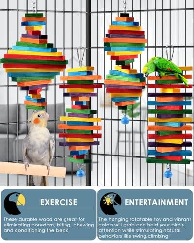 Bissap 4 PCS Bird Chew Toys, Multicolored Bagel Cascade Bird Parrot Chewing Sticks Biting Wooden Blocks Toy for Small Medium Conure Parakeet Cockatiels Lovebird Similar Sized Pet Birds - size: 4 PCS