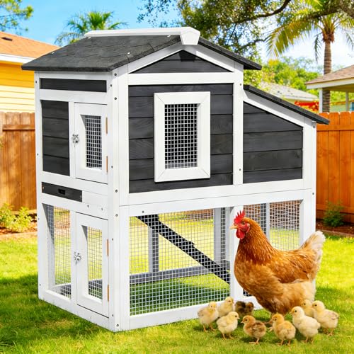 Small Chicken Coop for 2 Chickens, Wooden Chicken Coops with Nesting Boxes Indoor Outdoor, Predator-Proof Bunny House Rabbit Hutch Poultry Pet Tractor Cage with Waterproof Roof, Stairs&Removable Tray - color: Grey