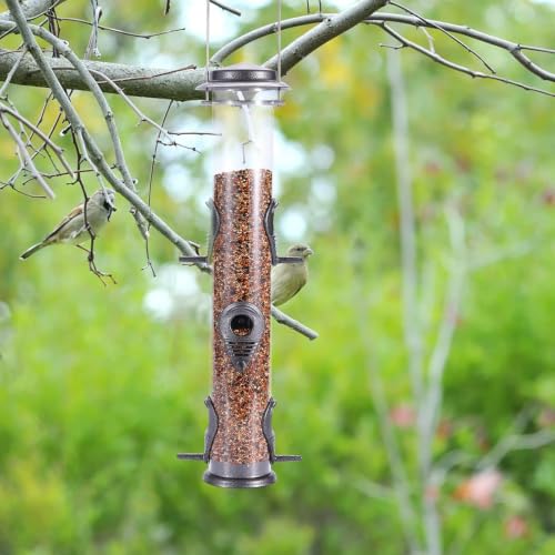 1PK Metal Wild Bird Feeder,Squirrel Proof Bird Feeders for Outside,Hanging 6 Port Tube Bird Feeder Transparent Finch Bird Feeder for Attracting Birds in Your Lawn, Garden, Balcony-Gray - color: Gray