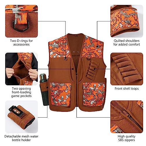 BASSDASH Upland Game Field Water-Resistant Bird Hunting Vest with Multi Pockets Men Women FV11 - color: Brown/Flame Camo, size: Medium