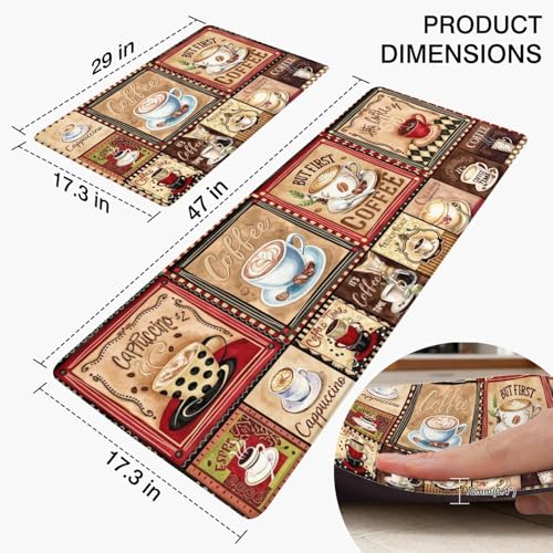 Coffee Anti Fatigue Kitchen Mats, 17.3"x47"+17.3"x29", Brown | Cushioned Non Slip Memory Foam Waterproof, Latte Cappuccino Kitchen Decor Rugs for Floor, Set of 2 for Sink Laundry Office - color: Coffee