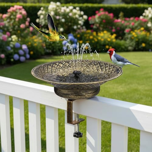Solar Bird Bath for Deck Railing, 12.6“ Metal Solar Powered Bird Bath | Bird Bath Fountain with Bubbler, 3.5” Adjustable Clamp for Balcony & Patio, 2-in-1 Deck Bird Feeder for Garden Yard, Gold - color: Gold