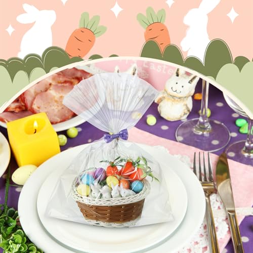 Cinnvoice 24 Sets Mini Easter Party Favor Supplies, Mini Easter Baskets with Eggs, Bunnies, Carrots, Grass & Opp Bags for Spring Egg Hunts, DIY Crafts (Brown) - color: Brown