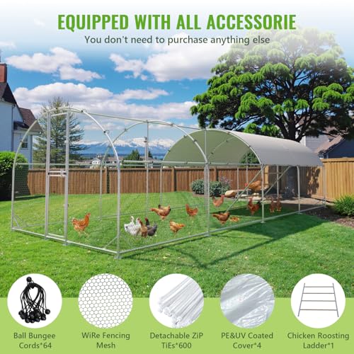Large Metal Chicken Coop Runs for Yard with Cover, 10x26x6.5 | Perch Bars, Split Doors, Waterproof Covers, Mesh Wire - color: Round Top, size: 315.0"L x 118.1"W x 78.7"H