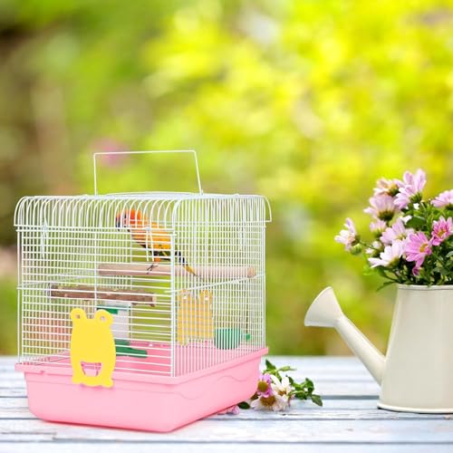 Small Bird Cage for Travel, Parrot Carrier with Handle 9.5"L x 12"W x 12"H | Sturdy, Easy to Clean & Install, Birdcages with Trays, Standing Perch, Feeder Cups for Smaller Birds Lovebird Parakeets, Pink - color: Pink