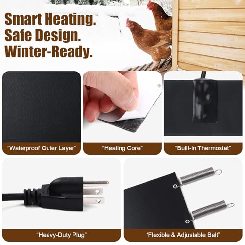 1 PCS Chicken Water Heater for Winter, 40W Safe Thermo Bucket Belt Heated Strapr Fits Most 2-5 Gallon Chicken Waterer, Energy Efficient Freeze Protection for Poultry Livestock+1 Bag
