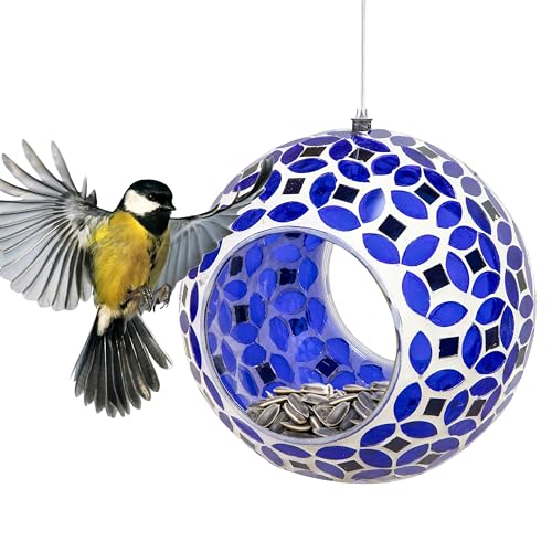 Sunnydaze Mosaic Glass Bird Feeder, Fly-Through, Lavender Mosaic | 6" Small Unique Hanging Bird Feeder for Outdoors, Drainage Hole, Weather-Resistant, Birdfeeder for Cardinals, Jays, & Finches - color: Lavender Mosaic