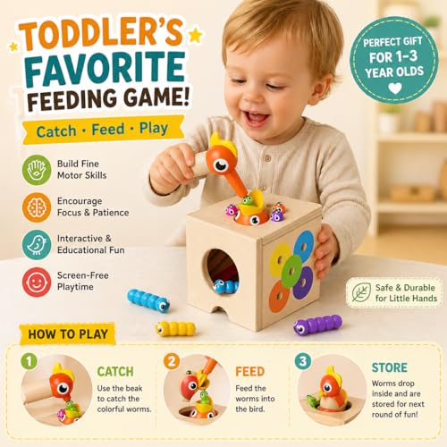 5-in-1 Wooden Activity Cube, Magnetic Bird Feeding Toy | Fine Motor Skills, Hand-Eye Coordination & Early Learning