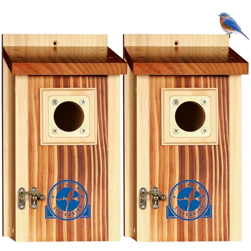 SISTERBIRD Pack of 2 Premium Bluebird Houses for Outside, Assembled Bird House Gift, Garden Decoration Bluebird House, Copper Predator Guard, Easy to Clean Bird Nesting - color: Light Toast & Copper-colored -- 2PK