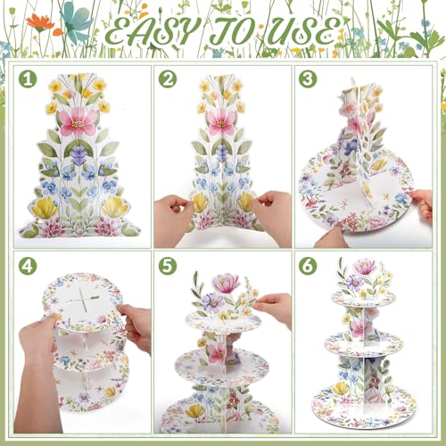 3 Tier Wildflower Party Decoration Baby in Bloom Baby Shower Cupcake Stand Spring Wildflower Cupcake Tower Floral Themed Cake Holder Dessert for Flower Birthday Party Decoration Supplies - style: Wildflower