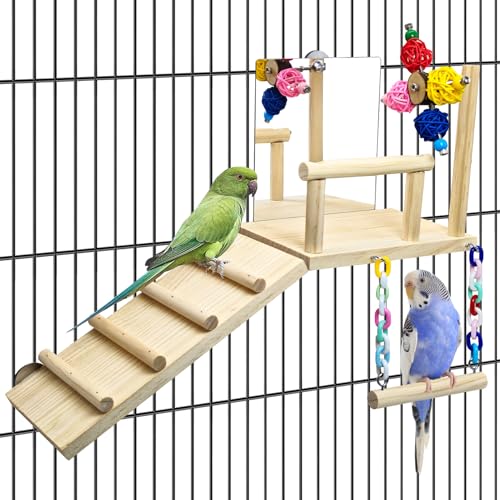 BNOSDM Bird Perch Platform with Mirror, Wooden Climbing Ladder for Parakeet, Small Bird Swing Toys with Rotating Balls Parrot Cage Accessories Budgie Playground for Cockatiel, Lovebirds, Conures - color: 5in1 Bird Perch Platform