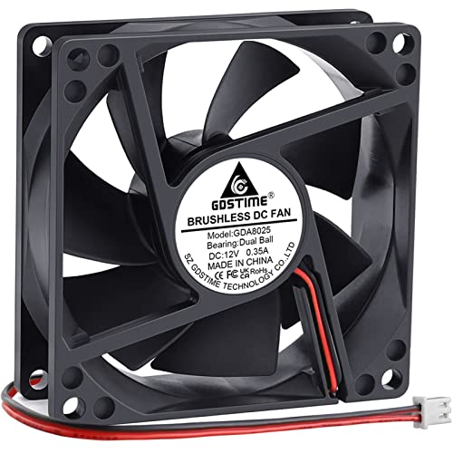GDSTIME 4500RPM 80mm x 25mm 12V High Speed Dual Ball DC Cooling Fan 2 Pin | Big Airflow, Brushless, PC Computer Case Power Supply Fan, for Wine Cooler, Amplifiers, RV Fridge, Incubator, Electronics - size: 80x25mm