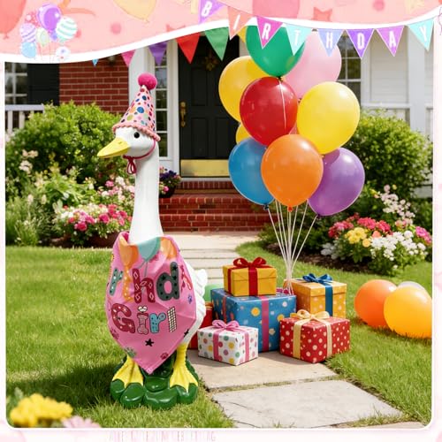 Porch Resin Goose Statue Garden Decor,Geese Figurine Outdoor Decorative | Happy Birthday Party Duck Sculpture Costume Clothing for Garden Lawn Patio Entryway Accent,Yard Art Decoration(Pink) - style: girl birthday goose
