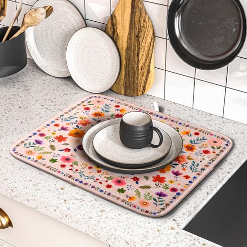 Boho Floral Dish Drying Mat - Pink Wildflower Absorbent Microfiber Kitchen Counter Pad for Home Coffee Bar Decor - color: Wildflowers Pink, size: 18" x 16"