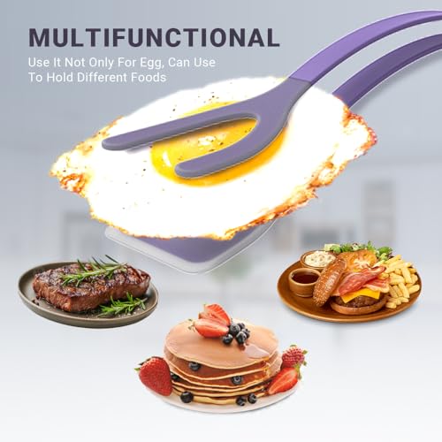 Silicone Egg Flipper Spatula Tongs (Set of 1) – Non-Stick 2-in-1 Grip & Flip Kitchen Tongs for Pancakes, Fish, Eggs, and More – Heat Resistant Cooking Tool (Purple) - color: Purple
