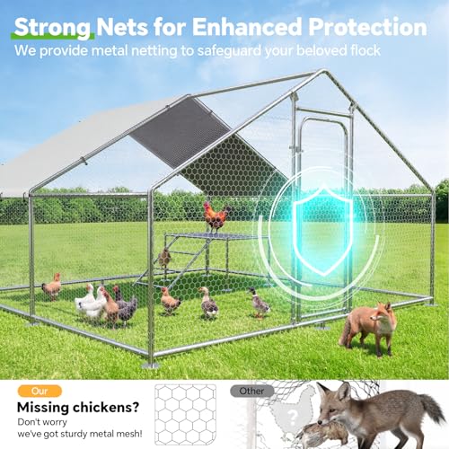 13.1 x 9.8 x 6.4 FT Metal Chicken Coop, Chicken Run with Cover | Walk-in Metal Chicken Coop, Waterproof Cover, Side Hardware Cloth, Roosting Perch, reinforced frame, Backyard & Farm Use - size: 158.7"L x 119.7"W x 78.7"H