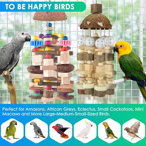 KATUMO Bird Toys, 2PCS Large Wooden Blocks & Coconut Shell Chew Toys for African Grey Cockatoo Amazon Parrots and Medium to Large Birds - style: Plastic ball+Nutshell