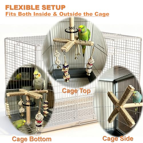 360° Rotating Bird Perch Stand - 4 Perches + 5 Natural Chew Strand, Natural Bird Cage Accessories, for Small & Medium Birds Parakeets Cockatiels Lovebirds Budgies - color: Natural