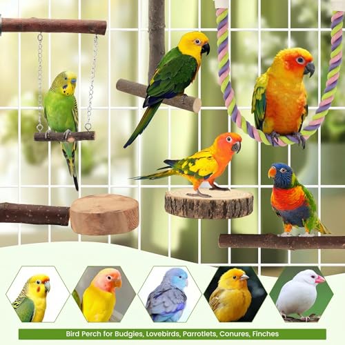 8 Pcs Natural Wood Bird Perch Swing & Bird Rope Platform Set | Fits Small/Medium Parrots (Budgies, Conures) | Multi-Level Cage Gym for Climbing | Safe Chewing | Tool-Free Mount - size: Swing & Rope Set - 8PCS