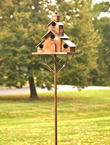 Large Copper Colored Multi-Birdhouse Stakes, Room for 4 Bird Families in Each (Church Style with Cascading Roof) - style: Church Style with Cascading Roof