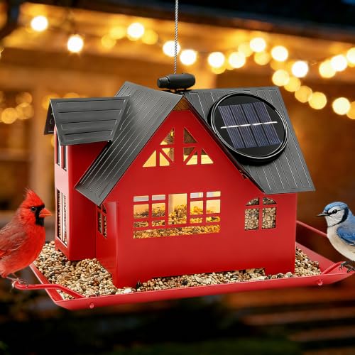 Solar Bird Feeders for Outdoors Hanging, Heavy-Duty All-Metal | House-Shaped Small Birdfeeders with Solar Lights, Charming Garden Decor, Unique Gifts for Bird Lovers, Mom and Grandma(Red) - color: Red