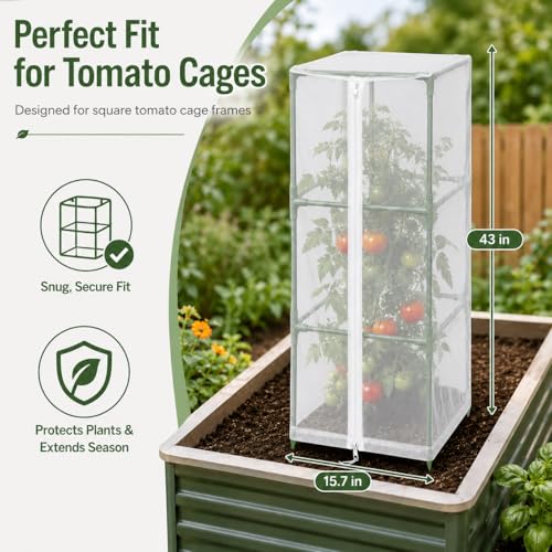 Halatool Garden Tomato Plant Cover Netting, Fits 40–50" Square Tomato Cages | Garden Bird Netting with Zipper & Drawstring, Insect Barrier, Plant Covers from Insects Animals, 2 Pack, 43"×15.7" - color: 2 Pack, size: 43 inch